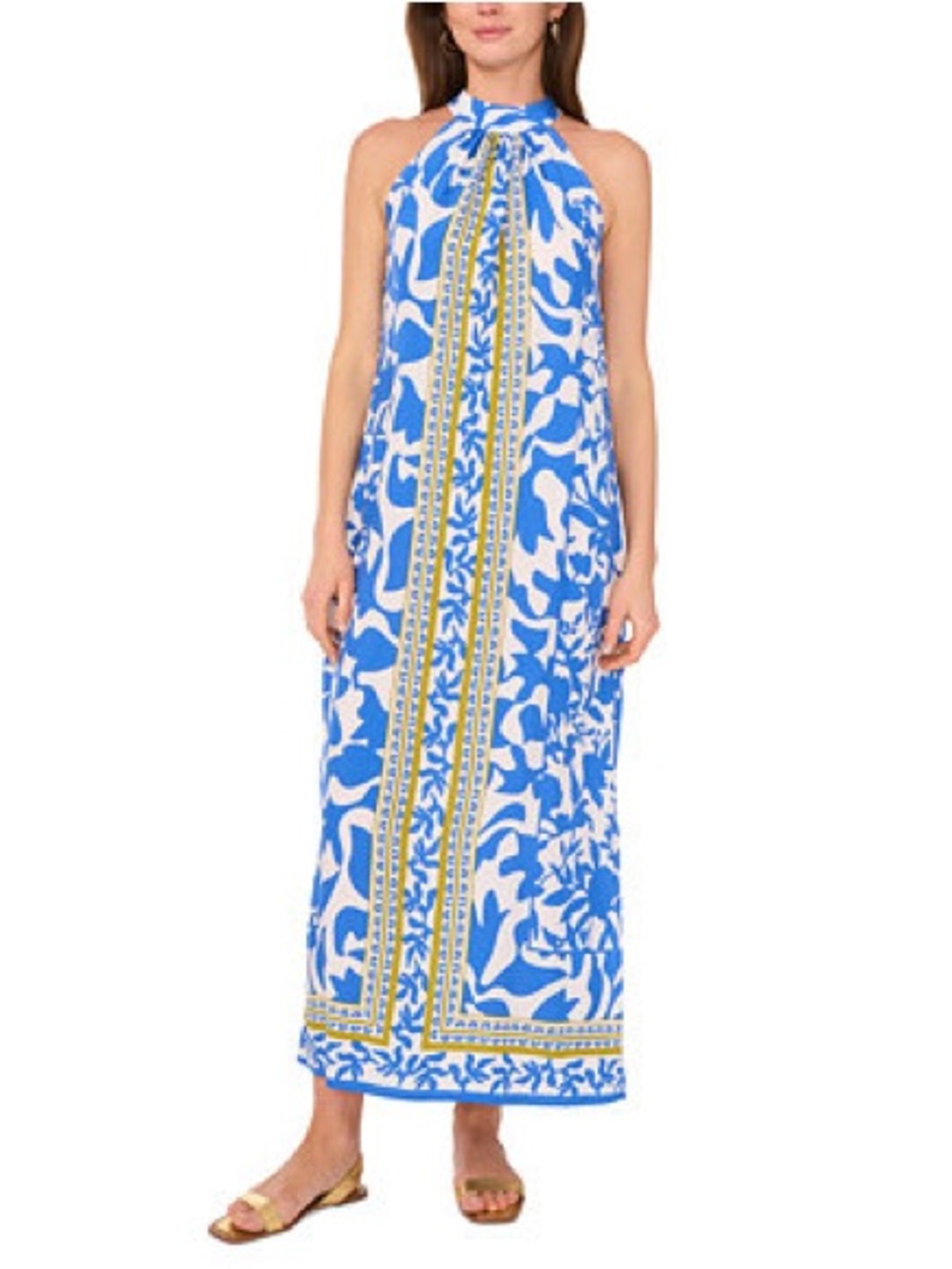 Vince Camuto Blue and White Halter Border-Print Maxi Dress